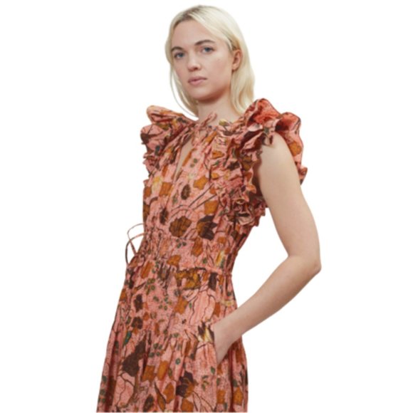 Ulla Johnson Floral Midi Dress in Pink and Orange - Picture 2 of 12